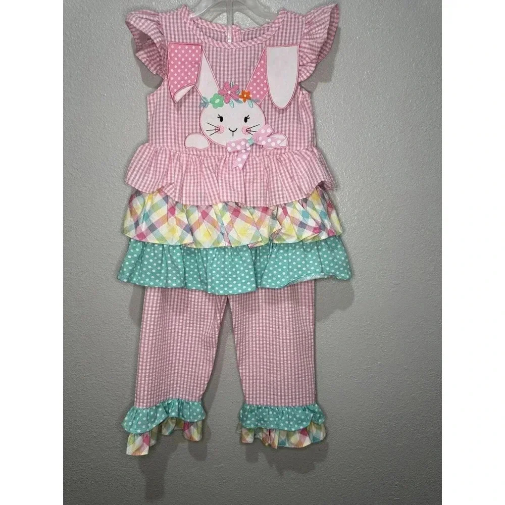 Girls Rare Editions Embroidered Pants Set Dress Top Ruffles Size 5